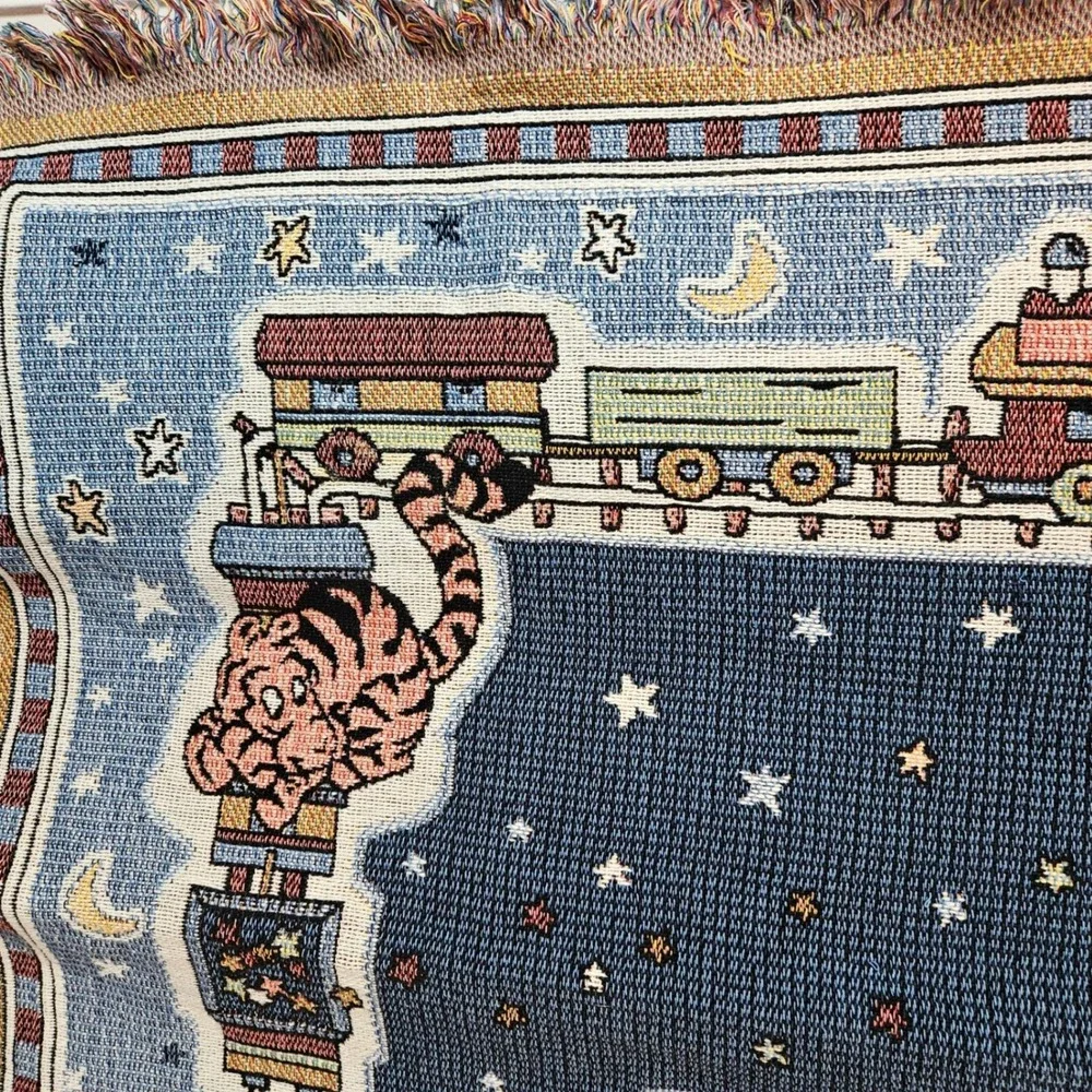 Vtg Disney Classic Pooh Woven Tapestry Baby Blanket Throw Train Tigger Eeyore